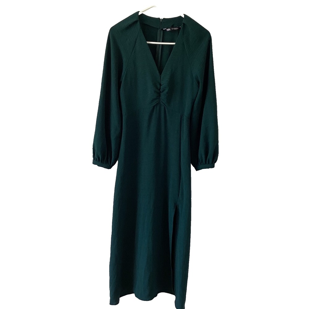 ZARA Green Midi Dress S Long Sleeve Puff Sleeve V-Neck Ruched Waist Elegant